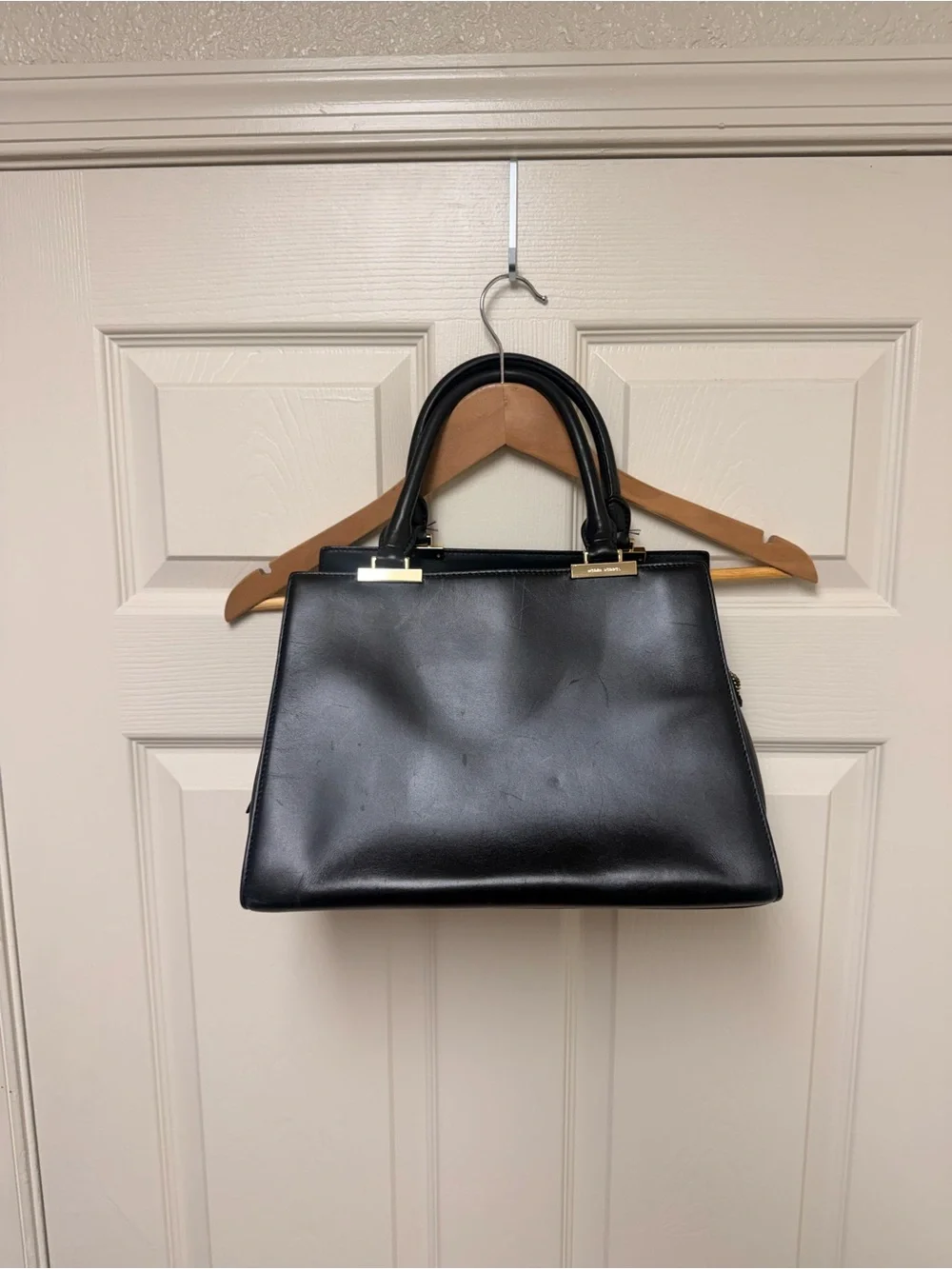 henri bendel Black Leather Satchel with Gold-Tone Accents